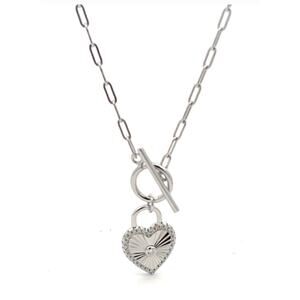 Locked Heart paper clip chain Silver Necklace
